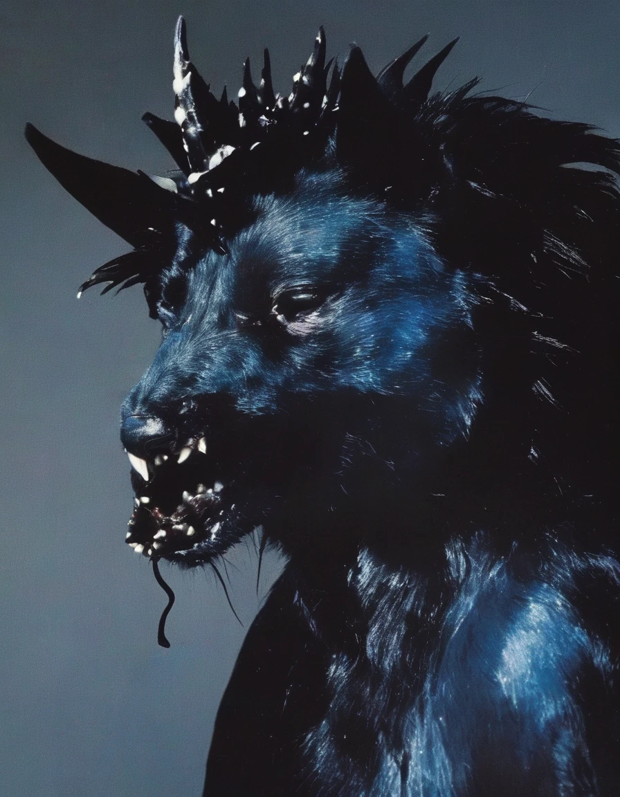 film photography, vintage, fashion shoot of beautiful female horror monster, blue dark background
