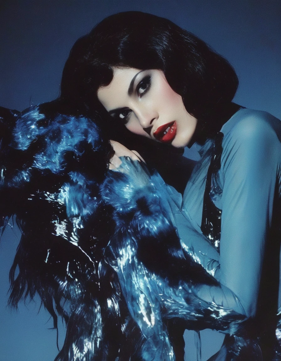 film photography, vintage, fashion shoot of beautiful female horror monster, blue dark background