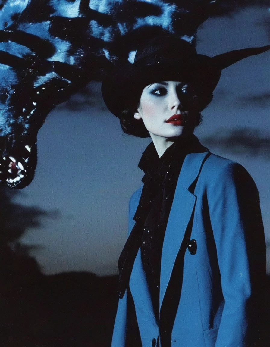 film photography, vintage, fashion shoot of beautiful female horror monster, blue dark background