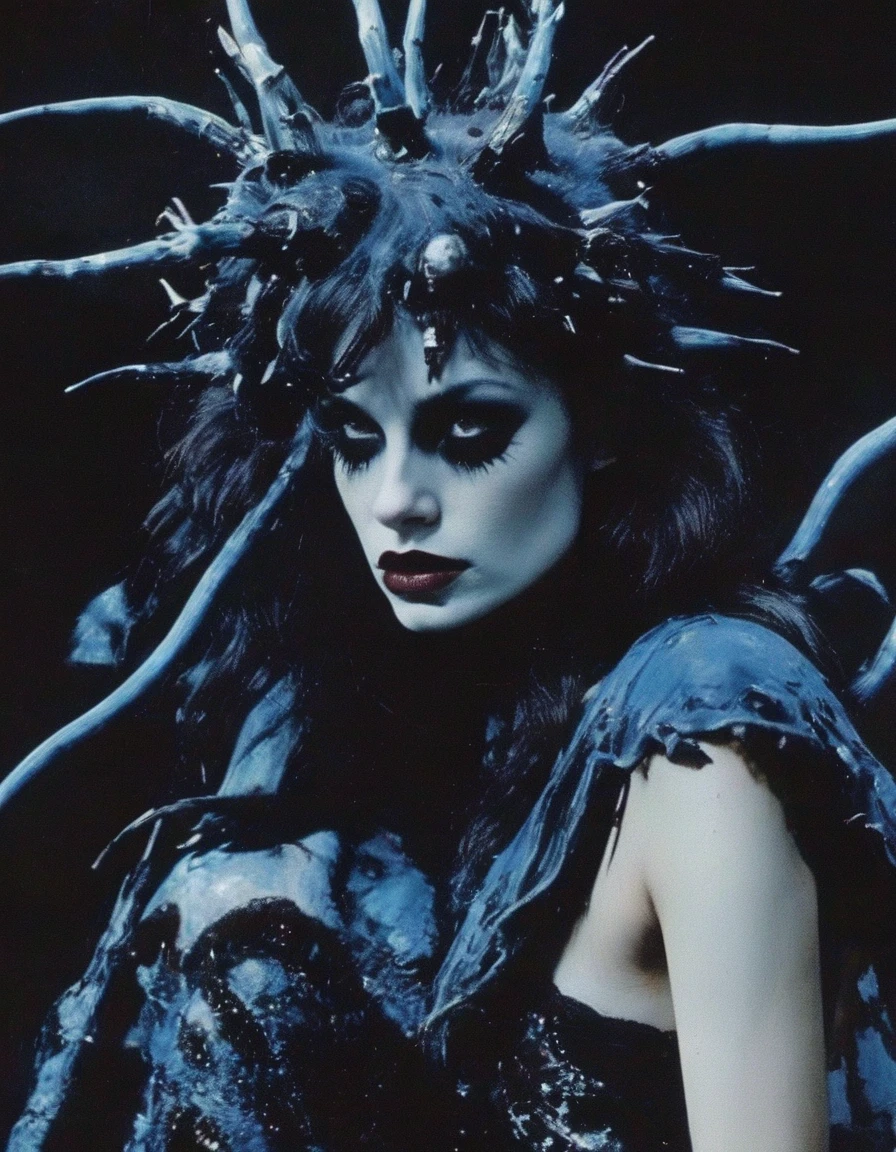 film photography, vintage, fashion shoot of beautiful female horror monster, blue dark background