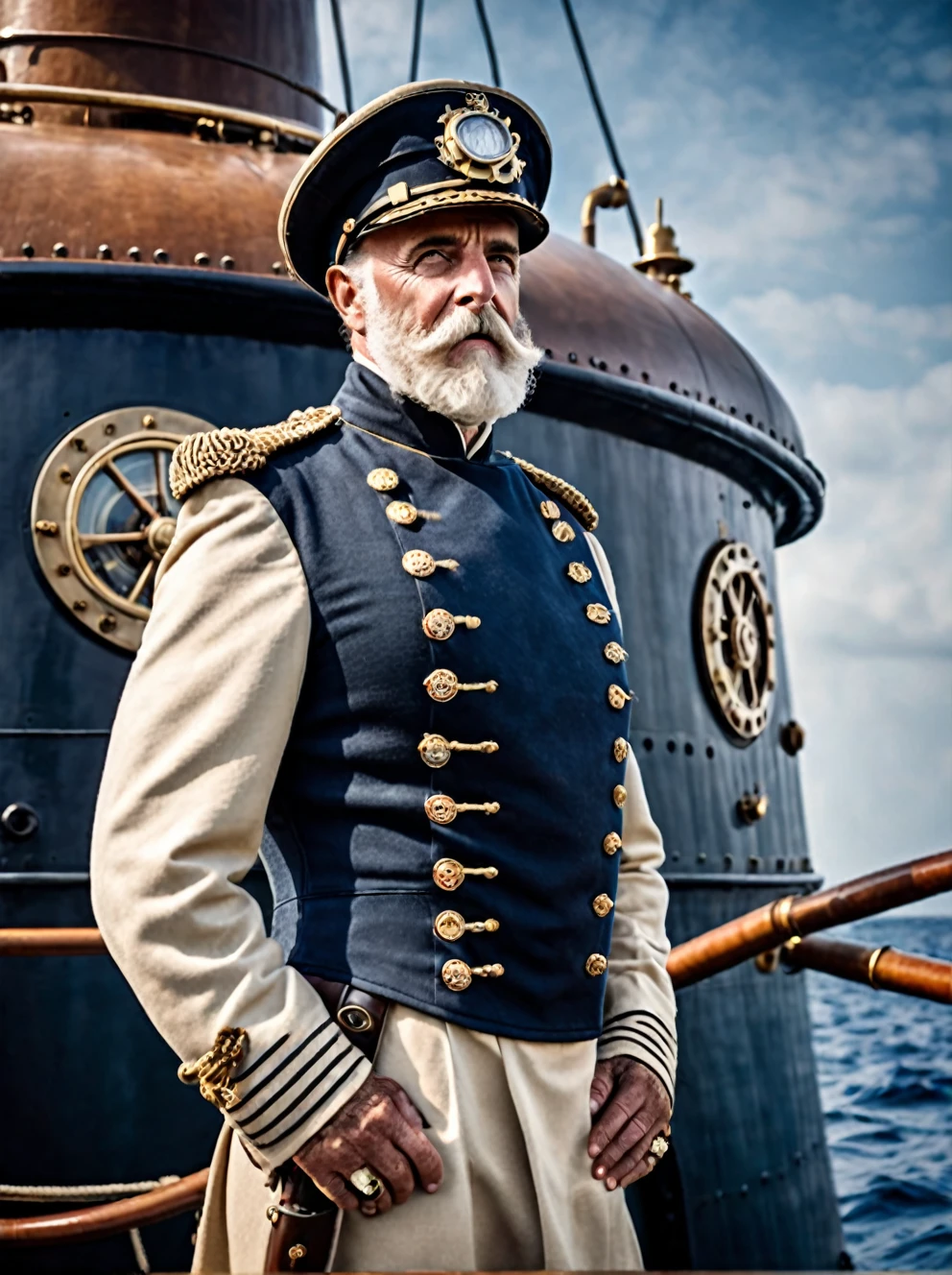 photo focus on male focus, outdoors, realistic scenery, (captain nemo:1.1), happy expression,standing on the deck of his nautilus submarine, standing, hands behind his back , close-up, loaded military uniform, steampunk nautilus-style. very wide shot, character photo portrait, film, professional, 4k, highly detailed