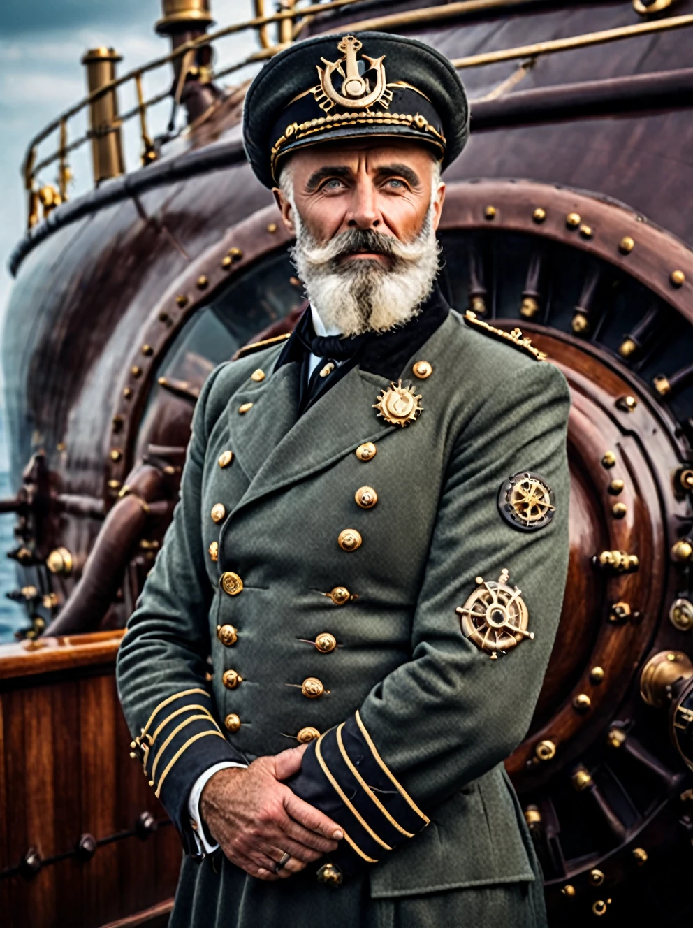 photo focus on male focus, outdoors, realistic scenery, (captain nemo:1.1), happy expression,standing on the deck of his nautilus submarine, standing, hands behind his back , close-up, loaded military uniform, steampunk nautilus-style. very wide shot, character photo portrait, film, professional, 4k, highly detailed