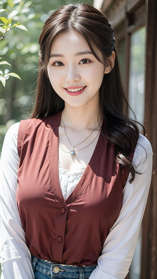 Close-up of beautiful Korean woman, 36 inch chest size, Smile, Wearing a patterned vest, necklace,(A girl in the forest),