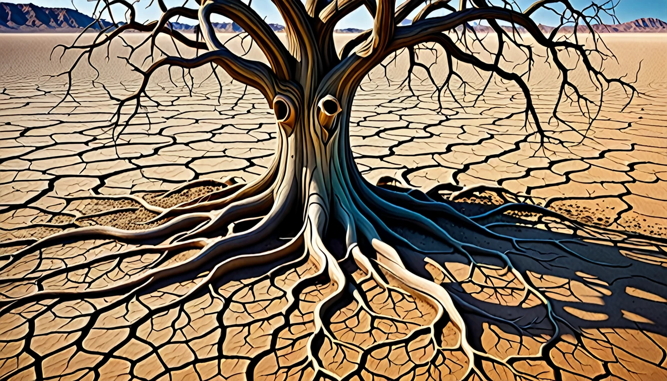 Surrealism style. An intricately detailed barren tree with extensive, twisting branches devoid of leaves, emerging from a cracked, dry desert ground with one small green seedling emerging from a crack in the dry earth. The tree's texture resembles aged driftwood with pronounced grains and knots. Adjacent to this, in the center, morph the tree's structure seamlessly into the profile of a human face with porous, sponge-like skin textures concentrated around the cheek and eye areas. The face should express tranquility, with closed eyes and features that suggest a state of deep contemplation or meditation. The skin tone is a gradient of earthen colors, blending smoothly from the woody textures. The background should be a soft, out-of-focus gradient transitioning from warm earth tones to a gentle sky blue, hinting at a transition from the earthly to the cerebral or ethereal.