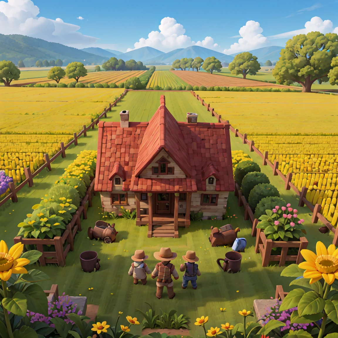 farm,Flower Field,Tools,scarecrow,Partial realism, Casual game style, 2.5D, masterpiece, best quality,Overlooking,symmetry