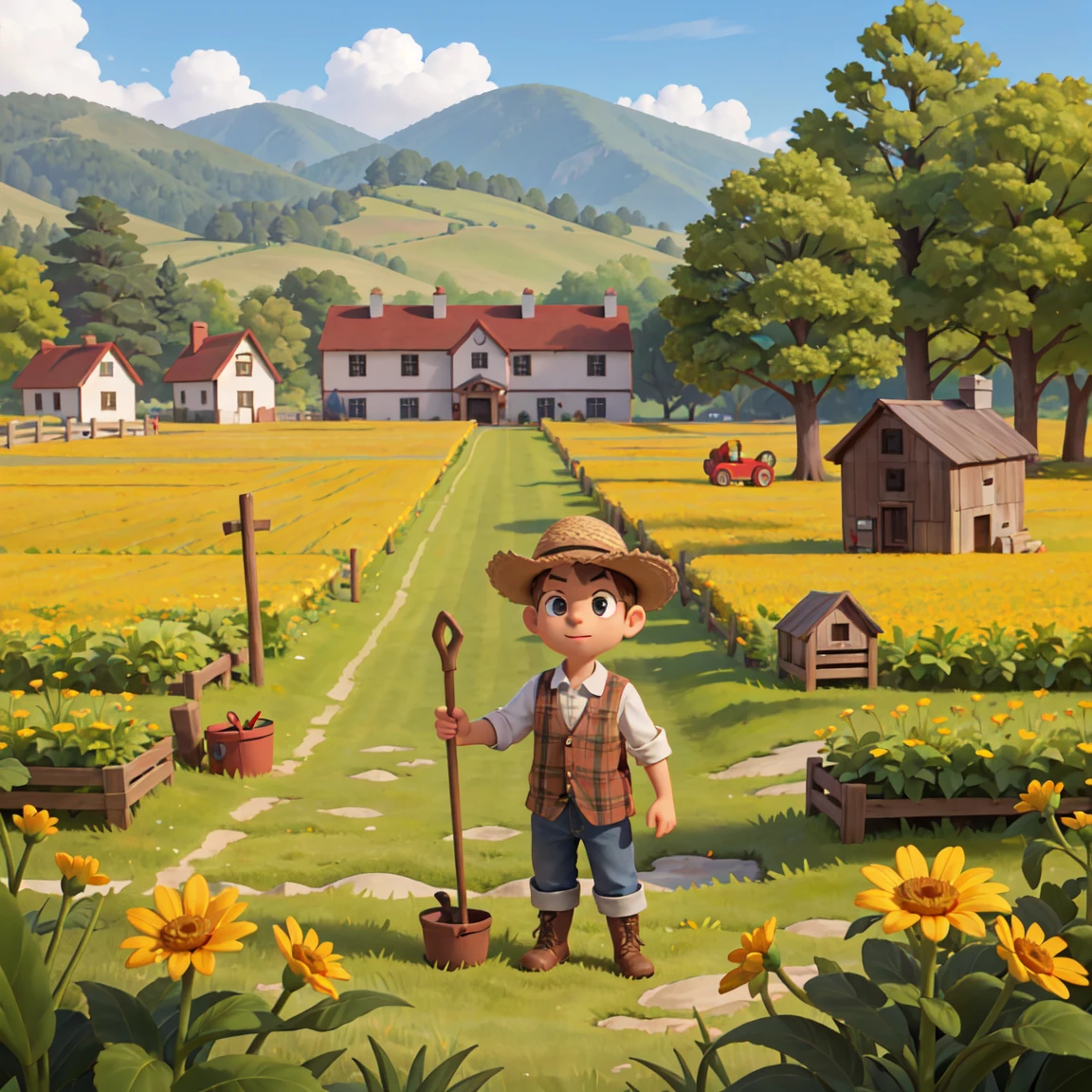 farm,Flower Field,Tools,scarecrow,Partial realism, Casual game style, 2.5D, masterpiece, best quality,Overlooking,symmetry