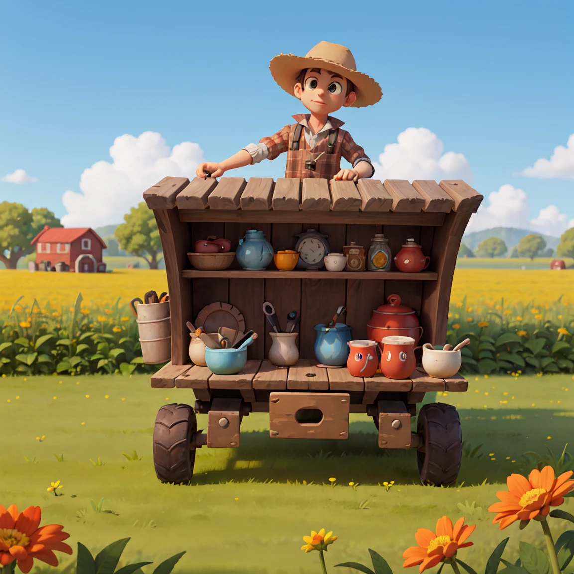 farm，Flower Field，Tools，scarecrow，Partial realism, Casual game style, 2.5D, masterpiece, best quality，Overlooking，symmetry