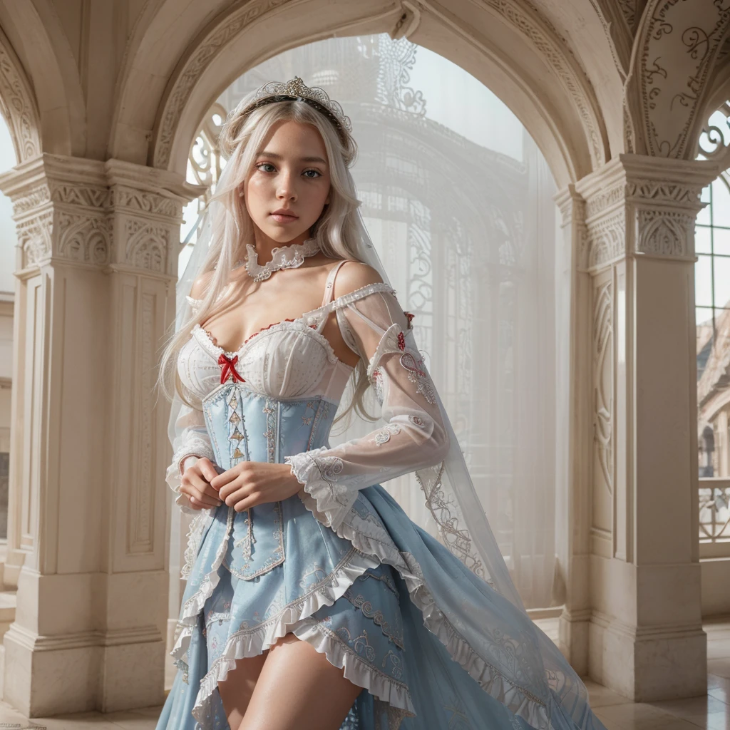 ((extremely detailed CG unity 8k wallpaper)), masterpiece, ultra-detailed, floating, high resolution, sexually suggestive, (petite, absurdly long white hair, princess, white mage, blue eyes, (ornate long white and red see through layered long dress with long detached wide sleeves and intricate embroidery), bridal veil, circlet, bridal gauntlets, blushing, shy, arched back, ruffled petticoat, ornate corset,