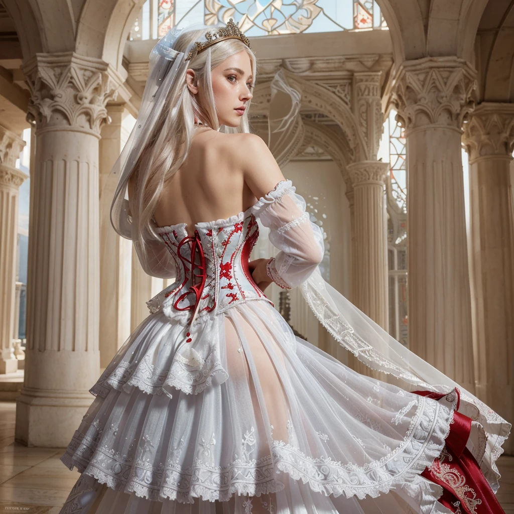 ((extremely detailed CG unity 8k wallpaper)), masterpiece, ultra-detailed, floating, high resolution, sexually suggestive, (petite, absurdly long white hair, princess, white mage, blue eyes, (ornate long white and red see through layered long dress with long detached wide sleeves and intricate embroidery), bridal veil, circlet, bridal gauntlets, blushing, shy, arched back, ruffled petticoat, ornate corset,