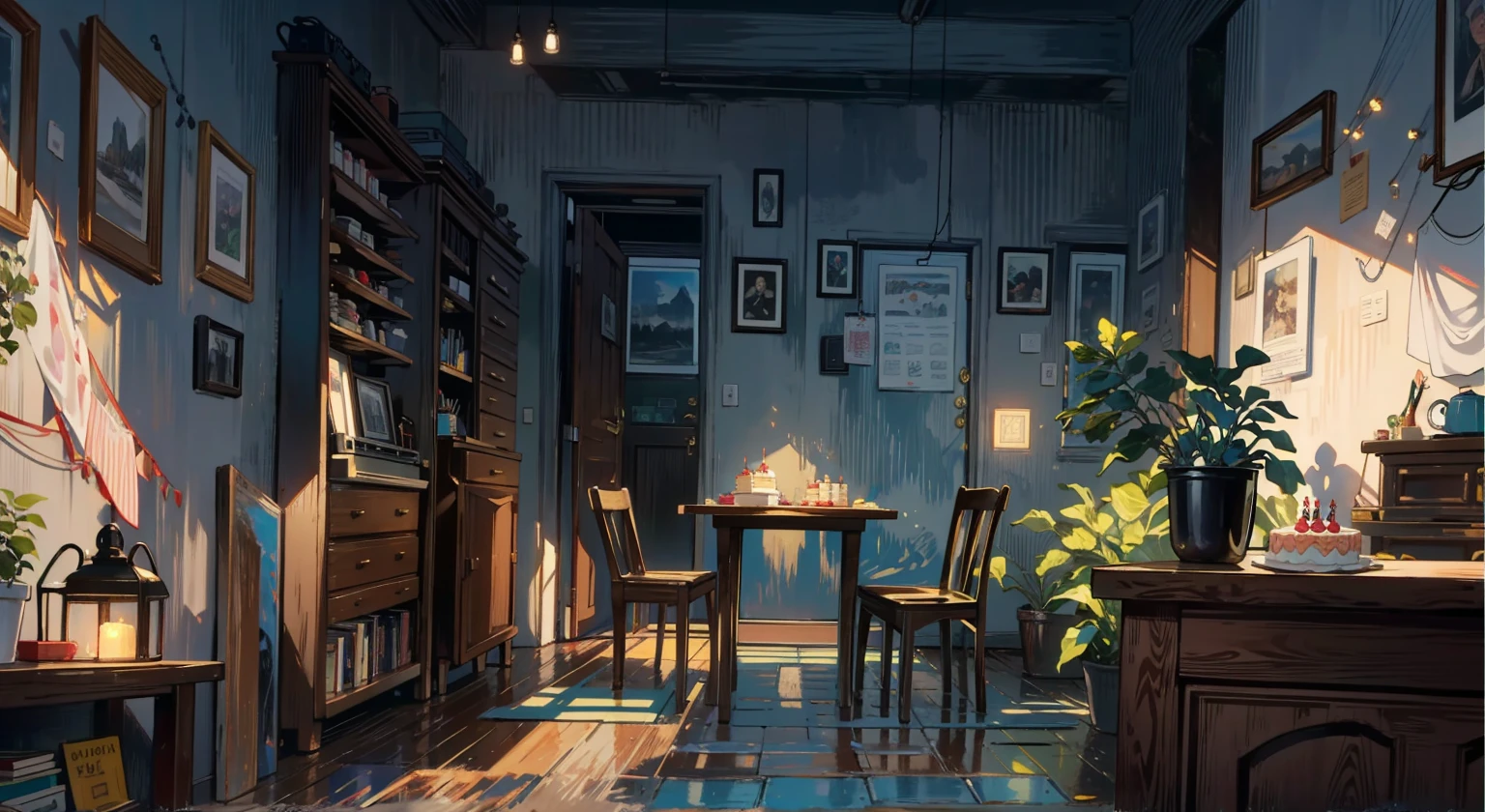 (best quality,masterpiece:1.2,detailed details,4k),A dim old apartment, a small birthday cake on an old wooden table, a modern apartment, an alarm clock on the wall, an anime scene,the wooden floor,