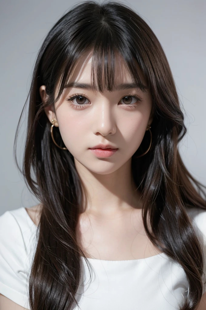 1. Style: Japanese manga, pencil sketch
2. Character: young girl, long hair with bangs, wavy hair
3. Eyes: big eyes with sparkle, gentle expression
4. Mouth: small lips, slight smile
5. Accessories: small earring
6. Additional details: detailed and delicate shading, soft and refined lines
