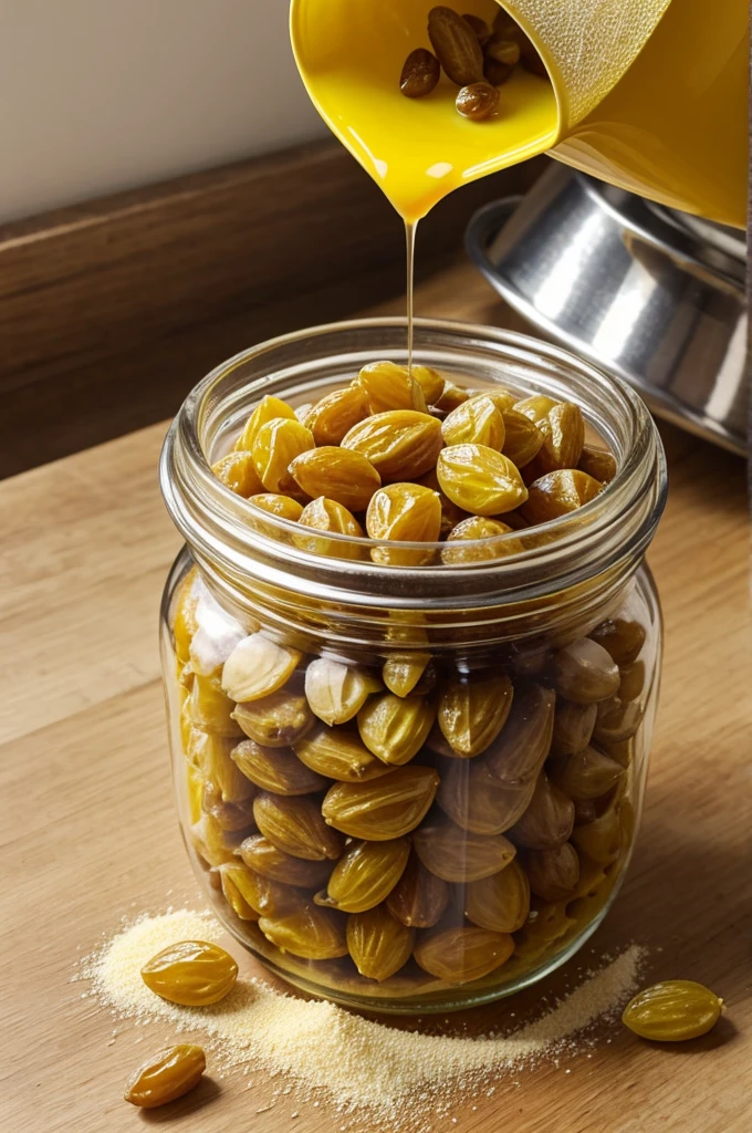 A photo of yellow raisins in concertrated sugar solution