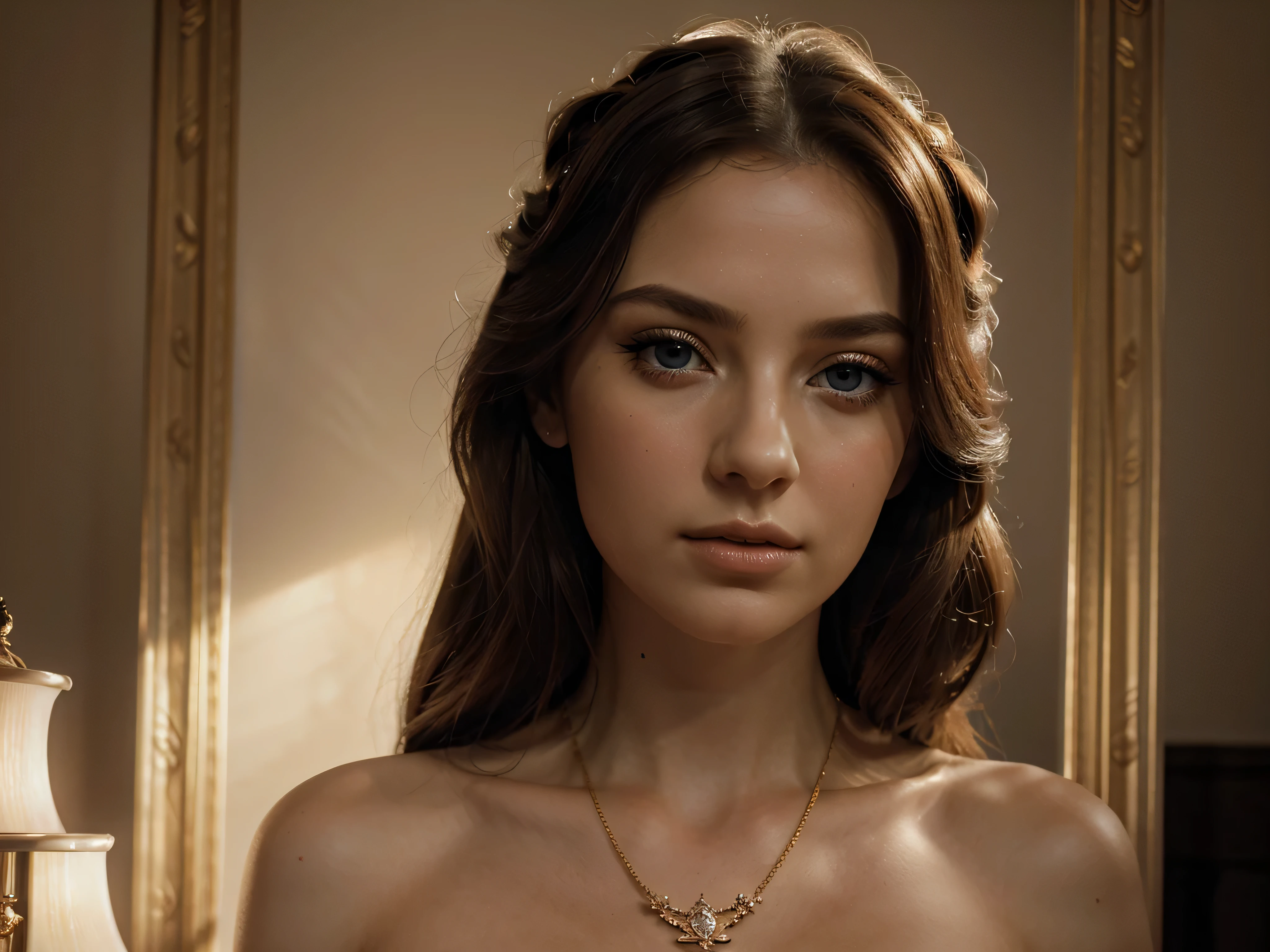 A chiaroscuro portrait of a woman, beautiful detailed eyes, beautiful detailed lips, extremely detailed eyes and face, long eyelashes, porcelain skin, elegant hairstyle, intricate jewelry, dramatic lighting, Renaissance style, dramatic shadows, warm golden tones, dramatic chiaroscuro lighting, ultra-detailed, 8k, photorealistic, masterpiece, cinematic, dramatic atmosphere, elegant and regal