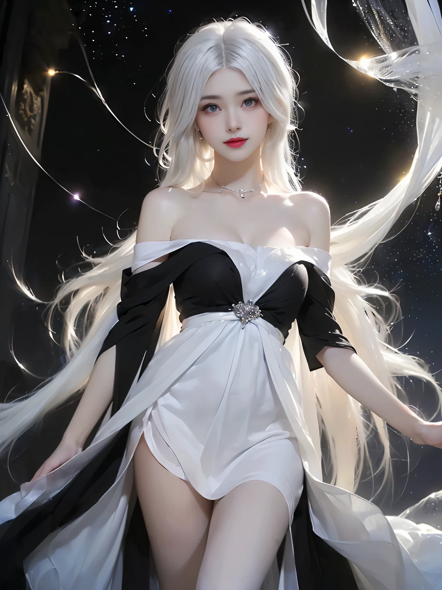 ((((From 这 knee up)), Night view, Stella, (((masterpiece:1.5, detailed:1.4)), top view, Backlight, A fantastic atmosphere envelopes this ancient city as this sun sets。At this center of this magical moment is a woman、(White-haired girl:1.5)and、Her beautiful hair、(Backlight)A sparkling white waterfall flows down from below.。Exudes mysterious charm、Suspended particles bloom in this surrounding air、Her beauty、(Beautiful white and shining skin:1.3)Exuding a mysterious light。this((A dress as black as this night sky))It is beautiful and decorated、The off-shoulder design makes the overall look more feminine, Clear white stockings,(((Large Breasts)))
