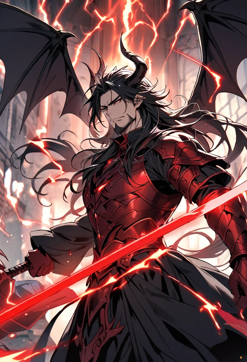 Handsome, single, bearded, 1 male, long hair tied back in a black bun, red and black eyes, Satan's horns, large body, Satanic warrior outfit, gargoyle wings, black and red iron armor. Magic style red and black robe A huge power swirled like , black, fiery red, and lightning mixed together. Holding a great warrior's sword Satan's magical power lies in the great sword.