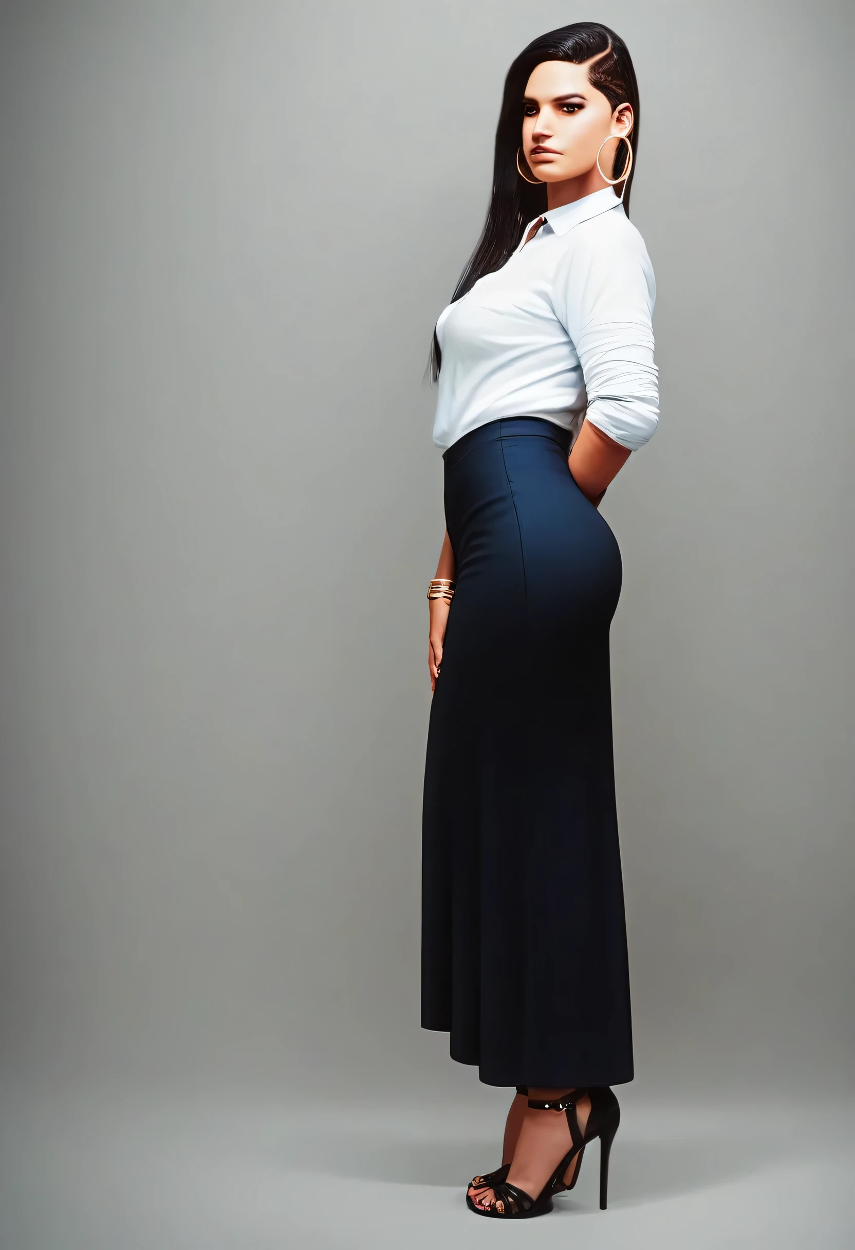 score_9,score_8_up,score_7_up,score_6_up,score_5_up,score_4_up, (ailatman, azlatguy), latina, slim thicc, 1girl, hoop earrings, solo, high heels, earrings, jewelry, breasts, long hair, black hair, skirt, side pose, looking away, candid