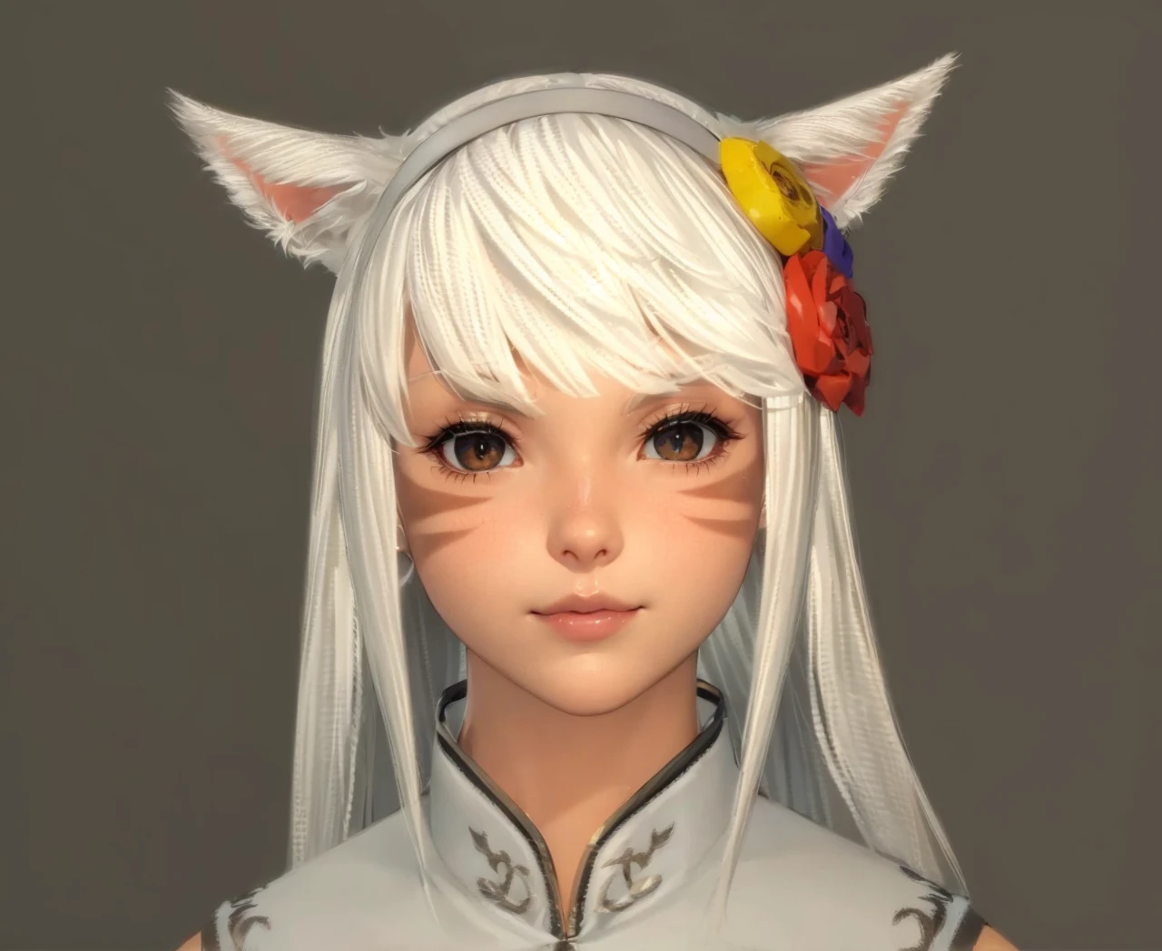 Catgirl, white hair, lips, (((cat eyes))), two horizontal face clan marks, studio rim lighting, gentle smile