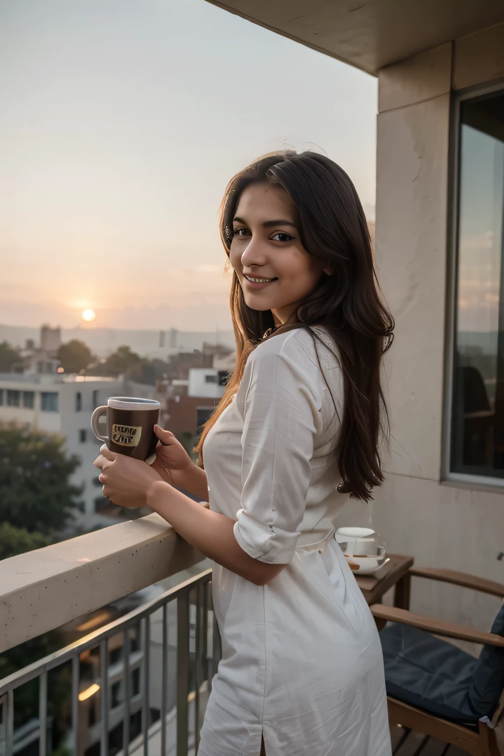 ((best quality)), ((masterpiece)), (detailed), a 21 year old beautiful Indian girls with long hair smiling face beautiful eyes wearing a long kurti dress and jeans pant standing on the balcony of a 5 star hotel holding coffee mug in hand enjoying beautiful nature in front of a sunrising scene in background looking aside holding coffee mug in hand pic taken from side