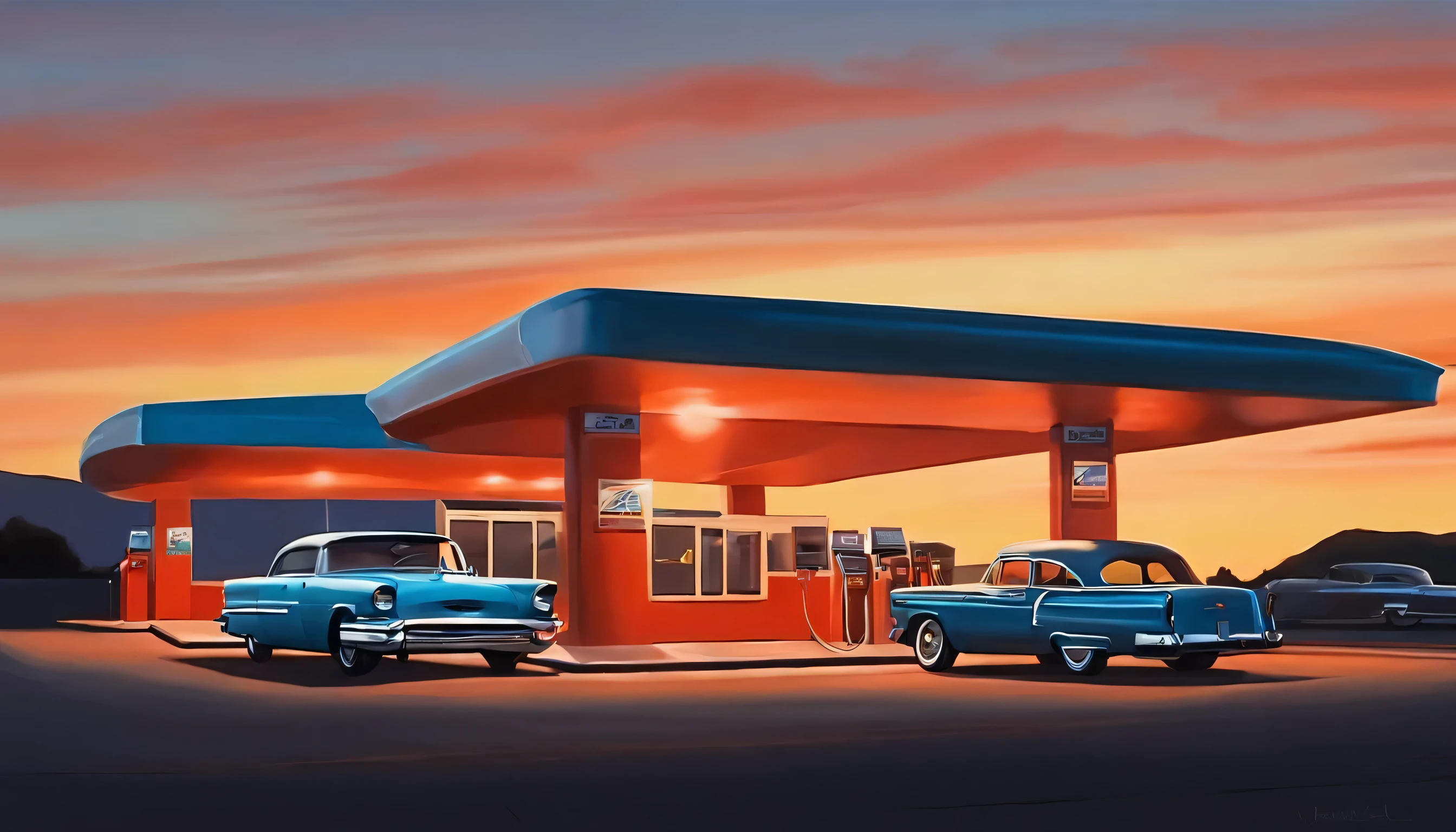 painting of a classic car at a gas station at night, a photorealistic painting by Carl Eytel, tumblr, photorealism, ed hopper, neon version of style jim burns, kodakchrome : : 8 k, “gas station photography, kenton nelson, in style of joel meyerowitz, 1 9 5 0 s concept art, highly detailed hyper real retro