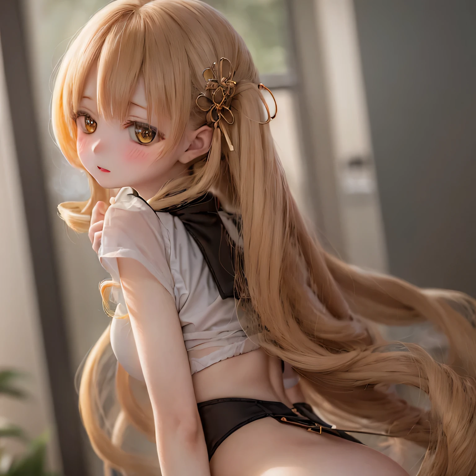 detailed, Beautiful woman with expressive eyes, Perfect Face, Long golden hair, Golden Eyes, Pink Lips, Attention to detail, Anime Style, Bright colors, cute, Thick and sensual lips, Curvaceous and sensual body, Blushing ((()))、Look back over your shoulder、Show your back