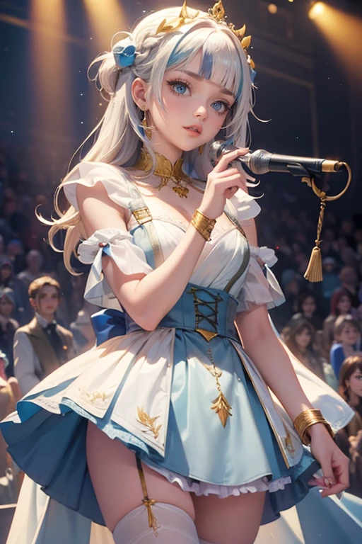 1girl, long hair, long flowing hair, floating hair, ornament hair, perfectly body, perfectly hands, rose on hair, white rose on hair, 1 girl, Looking at the audience, flowing hair, Beautiful Eyes, Plump and glossy lips, Idol, dress with too many frills, white dress, blue laces, white Short skirt, , small skirt, skirt with layers, Drape clothes, blue gem, Lace trim, bright stage, luxury gold details, gold jewelry, more details, best quality, Big sparkling eyes, blushing, Striped Lace Stockings, white ****ta skirt, sparkle, solo, centered girl, cowboy shot, perfectly body, perfectly hands, two arms, two legs, two hands, five fingers, perfect anatomy, glowing hair, white roses, on the stage, sparkles, more details on her clothes, dress with transparency, golden details on her dress, night, holding a microphone, ((4k, masterpiece, top-quality)), 8k, best quality, high resolution, UHD, (illustration:0.8), super cute girl, delicate and beautiful face, mature girl, super cute hairstyle, (beautiful detailed eyes:1.6), extremely detailed face, perfect lighting, extremely detailed CG, (perfect hands, perfect anatomy), Best quality, cleavage