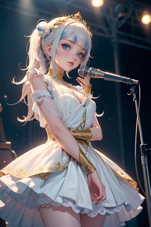 1girl, long hair, long flowing hair, floating hair, ornament hair, perfectly body, perfectly hands, rose on hair, white rose on hair, 1 girl, Looking at the audience, flowing hair, Beautiful Eyes, Plump and glossy lips, Idol, dress with too many frills, white dress, blue laces, white Short skirt, , small skirt, skirt with layers, Drape clothes, blue gem, Lace trim, bright stage, luxury gold details, gold jewelry, more details, best quality, Big sparkling eyes, blushing, Striped Lace Stockings, white ****ta skirt, sparkle, solo, centered girl, cowboy shot, perfectly body, perfectly hands, two arms, two legs, two hands, five fingers, perfect anatomy, glowing hair, white roses, on the stage, sparkles, more details on her clothes, dress with transparency, golden details on her dress, night, holding a microphone, ((4k, masterpiece, top-quality)), 8k, best quality, high resolution, UHD, (illustration:0.8), super cute girl, delicate and beautiful face, mature girl, super cute hairstyle, (beautiful detailed eyes:1.6), extremely detailed face, perfect lighting, extremely detailed CG, (perfect hands, perfect anatomy), Best quality, cleavage