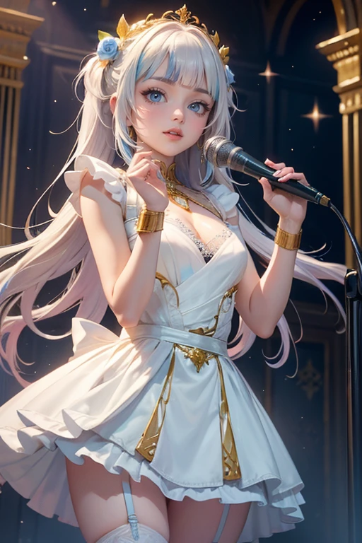 1girl, long hair, long flowing hair, floating hair, ornament hair, perfectly body, perfectly hands, rose on hair, white rose on hair, 1 girl, Looking at the audience, flowing hair, Beautiful Eyes, Plump and glossy lips, Idol, dress with too many frills, white dress, blue laces, white Short skirt, , small skirt, skirt with layers, Drape clothes, blue gem, Lace trim, bright stage, luxury gold details, gold jewelry, more details, best quality, Big sparkling eyes, blushing, Striped Lace Stockings, white ****ta skirt, sparkle, solo, centered girl, cowboy shot, perfectly body, perfectly hands, two arms, two legs, two hands, five fingers, perfect anatomy, glowing hair, white roses, on the stage, sparkles, more details on her clothes, dress with transparency, golden details on her dress, night, holding a microphone, ((4k, masterpiece, top-quality)), 8k, best quality, high resolution, UHD, (illustration:0.8), super cute girl, delicate and beautiful face, mature girl, super cute hairstyle, (beautiful detailed eyes:1.6), extremely detailed face, perfect lighting, extremely detailed CG, (perfect hands, perfect anatomy), Best quality, cleavage