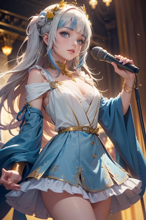 1girl, long hair, long flowing hair, floating hair, ornament hair, perfectly body, perfectly hands, rose on hair, white rose on hair, 1 girl, Looking at the audience, flowing hair, Beautiful Eyes, Plump and glossy lips, Idol, dress with too many frills, white dress, blue laces, white Short skirt, , small skirt, skirt with layers, Drape clothes, blue gem, Lace trim, bright stage, luxury gold details, gold jewelry, more details, best quality, Big sparkling eyes, blushing, Striped Lace Stockings, white ****ta skirt, sparkle, solo, centered girl, cowboy shot, perfectly body, perfectly hands, two arms, two legs, two hands, five fingers, perfect anatomy, glowing hair, white roses, on the stage, sparkles, more details on her clothes, dress with transparency, golden details on her dress, night, holding a microphone, ((4k, masterpiece, top-quality)), 8k, best quality, high resolution, UHD, (illustration:0.8), super cute girl, delicate and beautiful face, mature girl, super cute hairstyle, (beautiful detailed eyes:1.6), extremely detailed face, perfect lighting, extremely detailed CG, (perfect hands, perfect anatomy), Best quality, cleavage