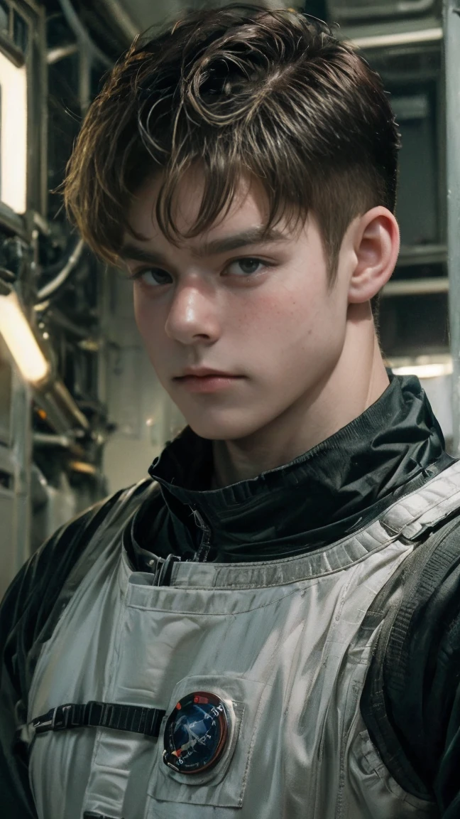 A male with short black hair that is cut very neatly, almost like a military cut. Wearing an astronaut suit. His expression is stern and serious, with piercing green eyes that are always alert. A faint smile full of confidence often appears. 