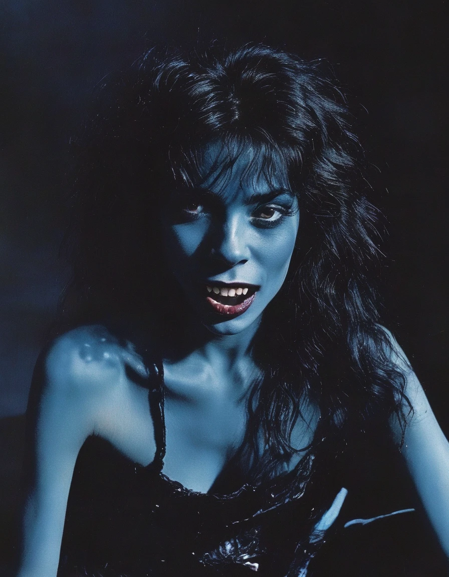 film photography, vintage, fashion shoot of beautiful 90s female horror monster with big fangs, blue dark background