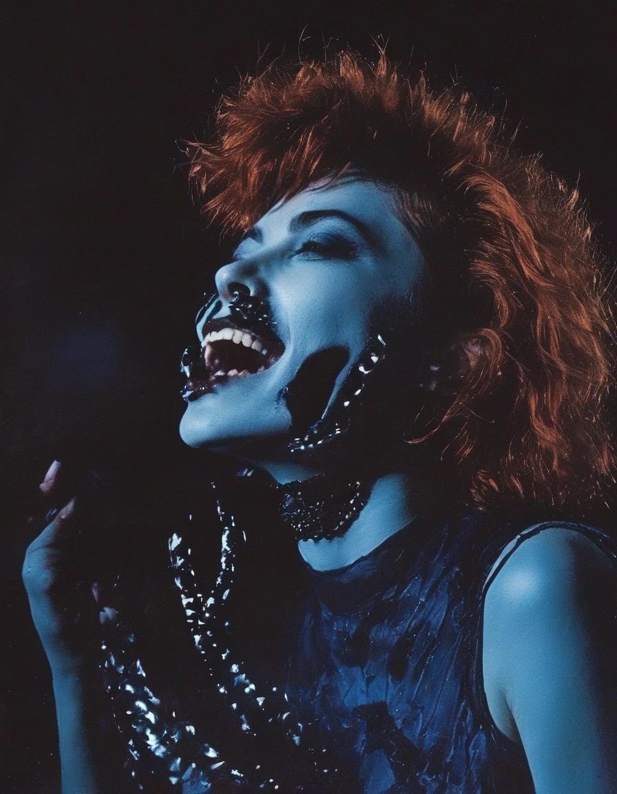 film photography, vintage, fashion shoot of beautiful 90s female horror monster with big fangs, blue dark background