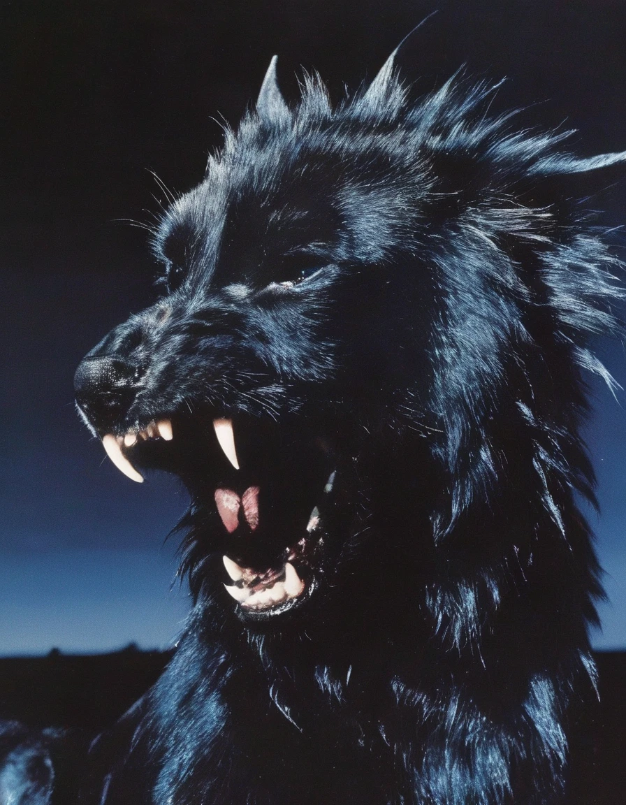 film photography, vintage, fashion shoot of beautiful 90s female horror monster with big fangs, blue dark background