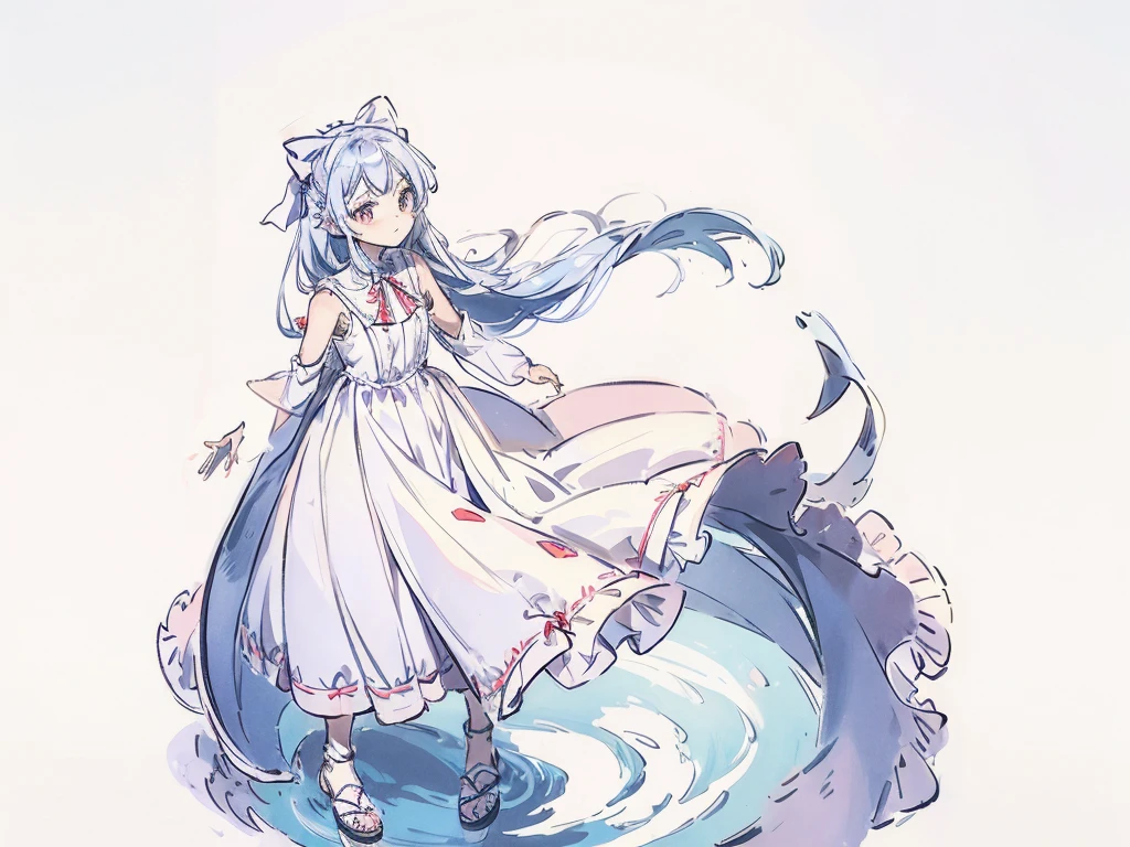arafed image of a girl in a dress with a bow and a dress, fullbody, white background, in dress, !!full body portrait!!, high detailed official artwork, nico wearing a white dress, pixiv 3dcg,, pixiv contest winner, pixiv style,