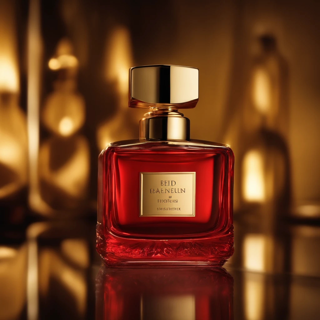 a highly detailed bottle of premium luxury perfume, gold and red color theme, photorealistic, product advertisement, studio lighting, smooth glass material, elegant and luxurious, intricate bottle design, reflective surface, warm lighting, dramatic shadows, vibrant colors, high-end product, facebook advertisement