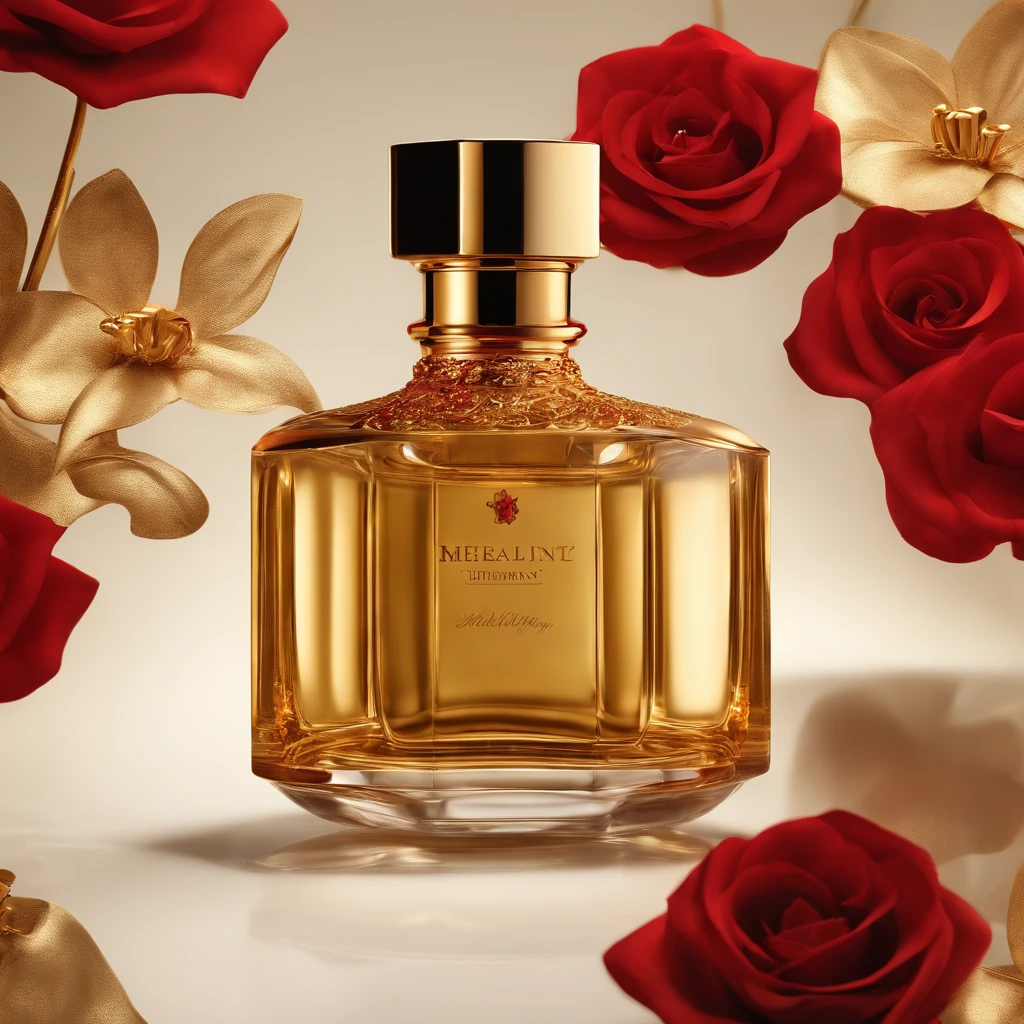 a highly detailed bottle of premium luxury perfume, gold and red color theme, photorealistic, product advertisement, studio lighting, smooth glass material, elegant and luxurious, intricate bottle design, reflective surface, warm lighting, dramatic shadows, vibrant colors, high-end product, facebook advertisement