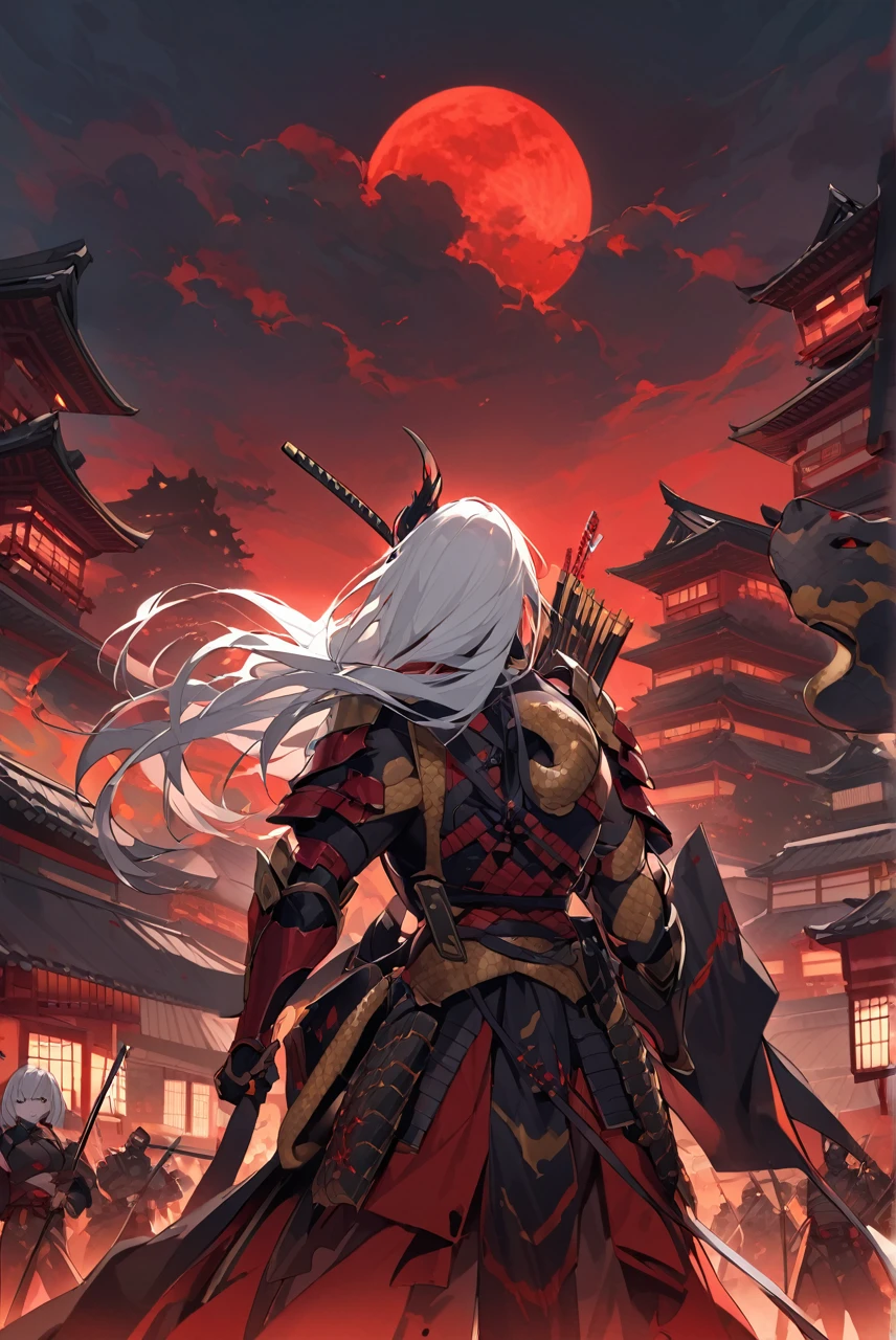 Dragon girl, tall, defined, huge breasts, long white hair with black highlights, golden snake eyes, dressed in incomplete samurai armor, holding a bow,With a quiver on his back, ancient Japanese city background, red sky and blood moon, several dead enemies 