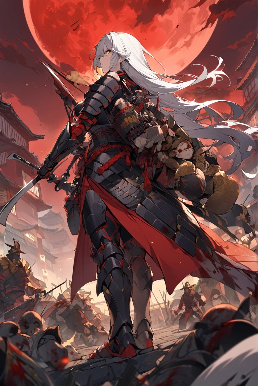 Dragon girl, tall, defined, , long white hair with black highlights, golden snake eyes, dressed in incomplete samurai armor, holding a bow,With a quiver on his back, ancient Japanese city background, red sky and blood moon, several dead enemies