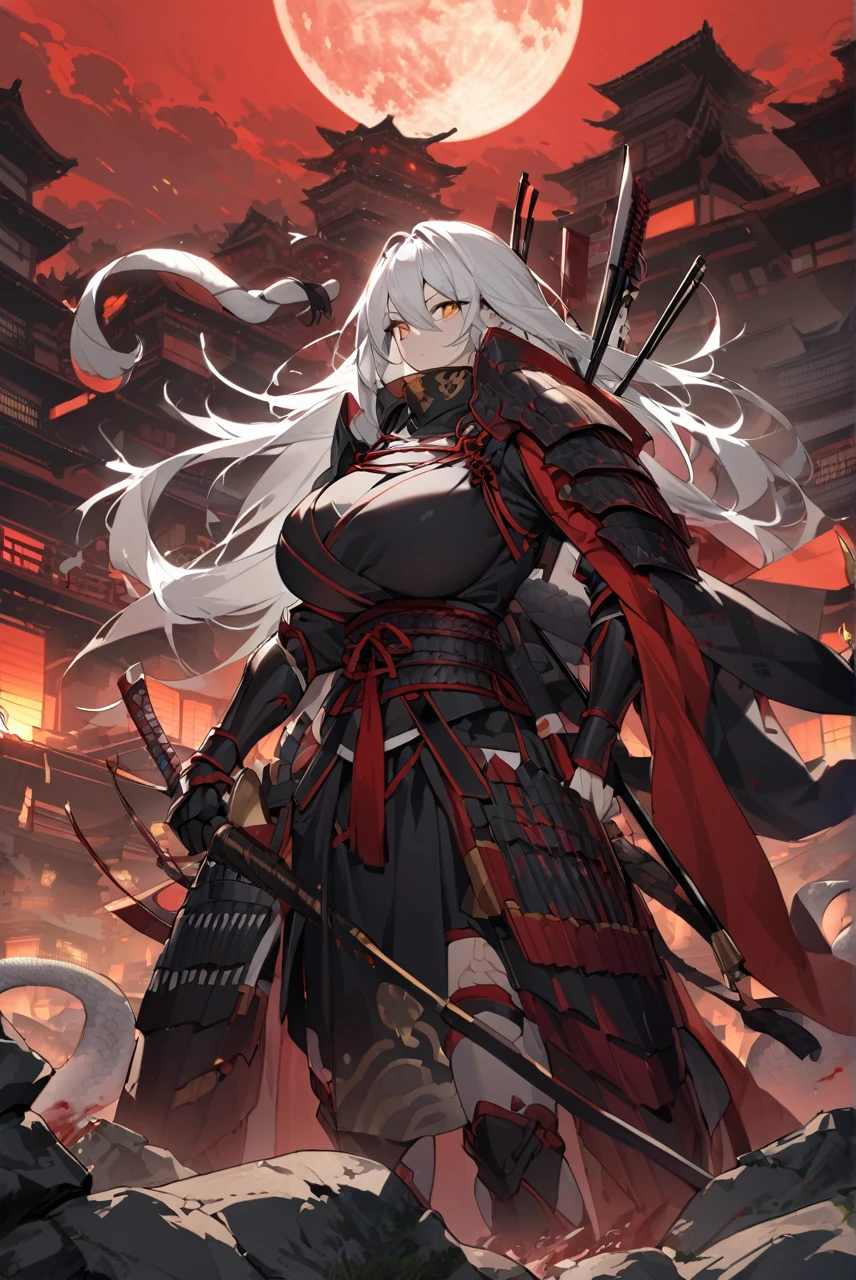 Dragon girl, tall, defined, huge breasts, long white hair with black highlights, golden snake eyes, dressed in incomplete samurai armor, holding a bow,With a quiver on his back, ancient Japanese city background, red sky and blood moon, several dead enemies