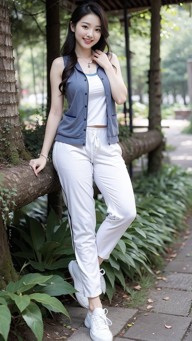 masterpiece, best quality, Surreal, Ultra Detailed, 8k resolution, RAW photos, Clear focus,Beautiful Korean woman， 36 inch chest size, Smile, Wearing a patterned vest, necklace,Long sweatpants,Full body posture, White shoes，Solitary, Perfect body, Become a,(a charming smile:1), (sexy pose)，(A girl in the forest),