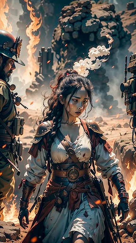 A female warrior smoking in middle of the war, war scene, fire everywhere, dead bodies spread everywhere, smoke bombs, red sky, background dark red, shinning and glowing effects, very extreme detailed, cover every detail part, 24K UHD graphics