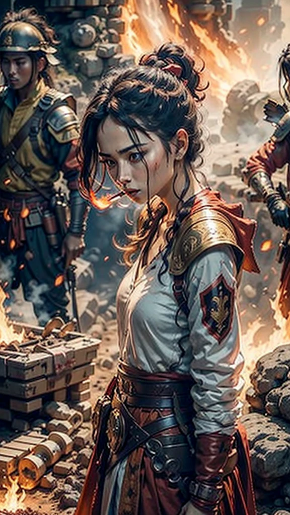 A female warrior smoking in middle of the war, war scene, fire everywhere, dead bodies spread everywhere, smoke bombs, red sky, background dark red, shinning and glowing effects, very extreme detailed, cover every detail part, 24K UHD graphics
