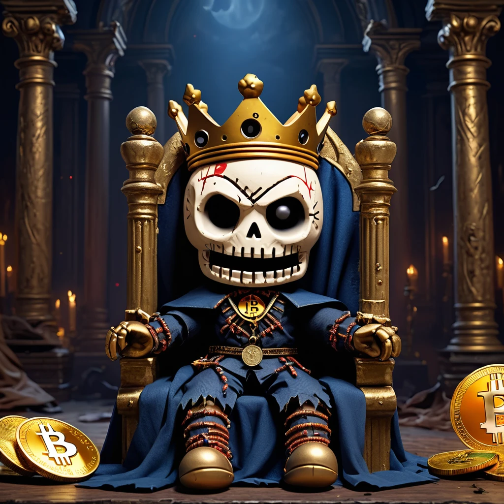 (knitted toy voodoo doll:1.8), (voodoo king:1.3), (clothes torn royal cloak, dark crown, golden scepter:1.2), (with bitcoin coin on crown:1.8), (sitting on throne:1.4), (in the background ruined throne room, fallen columns, moonlight:1.3), gothic atmosphere, best quality, masterpiece, detailed soft oil painting, detailed background, dramatic cinematic lighting, soft edge lighting, professional, dramatic lighting, hard edge lighting, ultra quality, 4k, masterpiece, best quality, 8k, ultra high definition, high resolution, extremely detailed