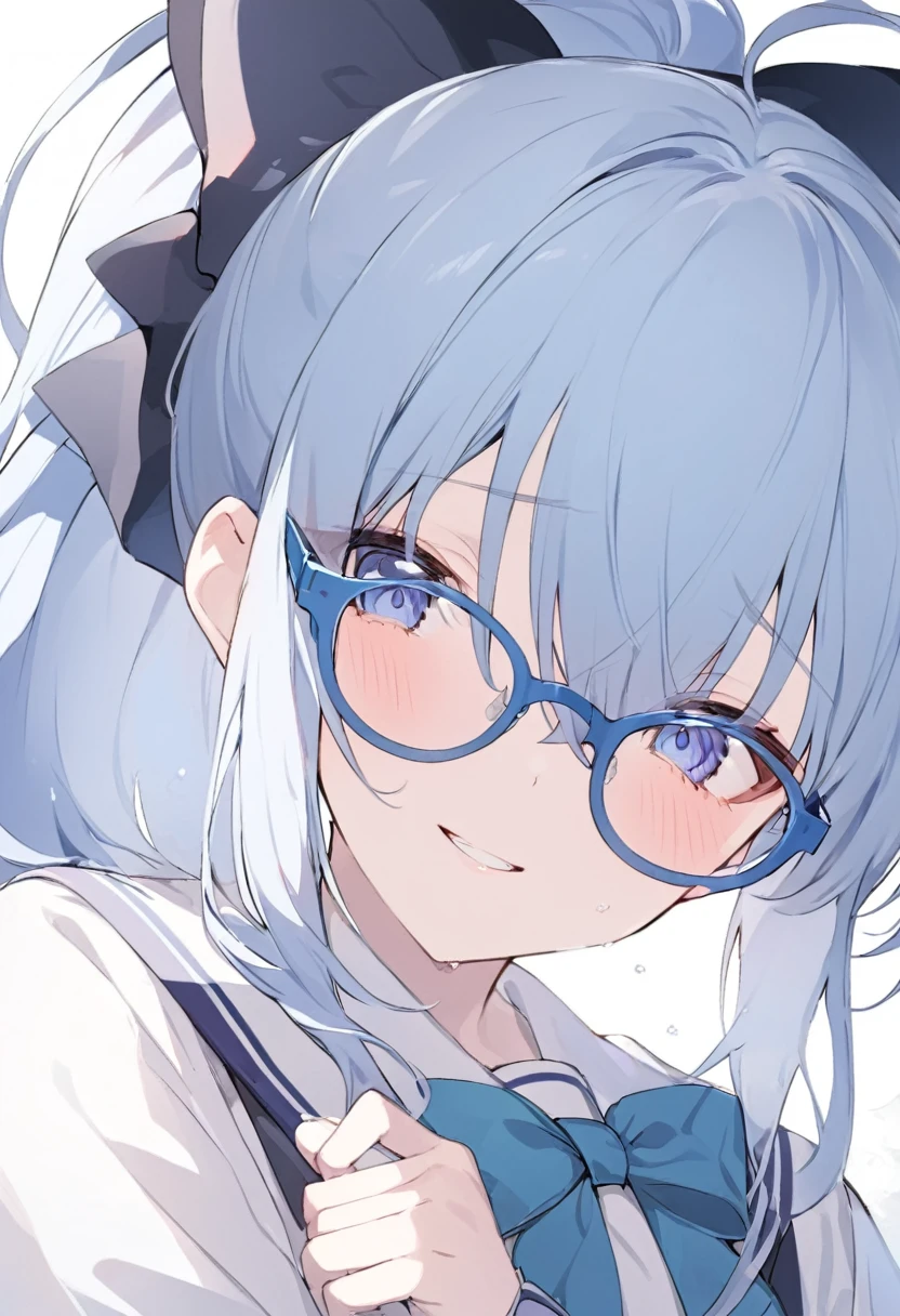Blue Glasses Light blue hair girl ponytail Laughter Middle school students Mostly faces Face close-up Highest quality 傑作 Blue Glasses Blue Glasses 1 female