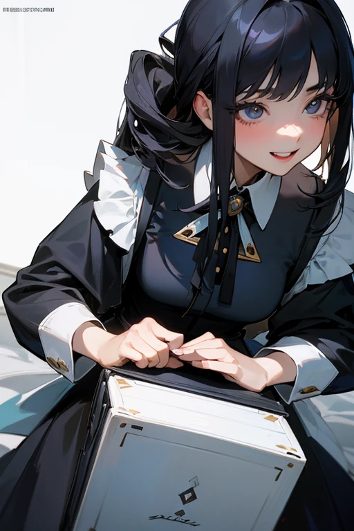 (Highest Resolution, clear_image) Highest quality, One woman, alone, masterpiece, Very detailed, Semi-realistic, Black Hairのショートヘア, Black Hair, bangs, 18-year-old, mature, light blue uniform, uniform, Indoor Background, kind, Authoritative, Powerful, exquisite features, exquisite features、Eyelashes become longer、Showing teeth、smile😀、Maid clothes、woman&#39;Fingers in the、Sleeping on the sofa、Long Hair、Fluttering in the wind、Navy blue clothes、Long Hair、I&#39;Carrying the plate、Long Hair、Laugh gently、Braiding、