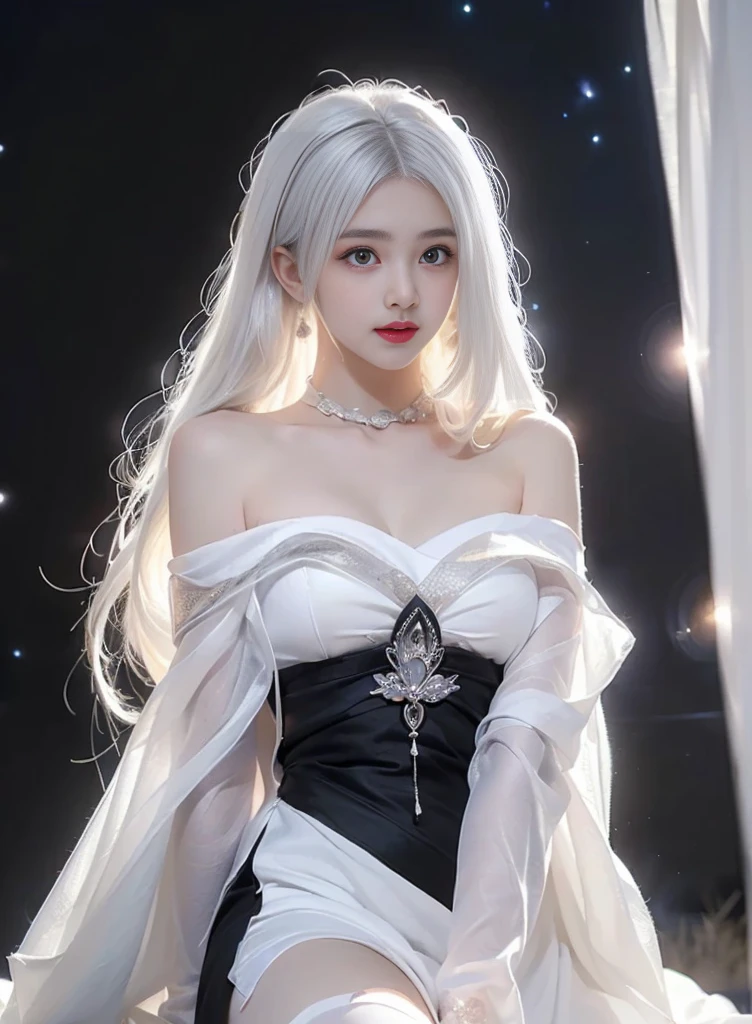((((From 这 knee up)), Night view, Stella, (((masterpiece:1.5, detailed:1.4)), top view, Backlight, A fantastic atmosphere envelopes this ancient city as this sun sets。At this center of this magical moment is a woman、(White-haired girl:1.5)and、Her beautiful hair、(Backlight)A sparkling white waterfall flows down from below.。Exudes mysterious charm、Suspended particles bloom in this surrounding air、Her beauty、(Beautiful white and shining skin:1.3)Exuding a mysterious light。this((A dress as black as this night sky))It is beautiful and decorated、The off-shoulder design makes the overall look more feminine, Clear white stockings,(((Large Breasts)))
