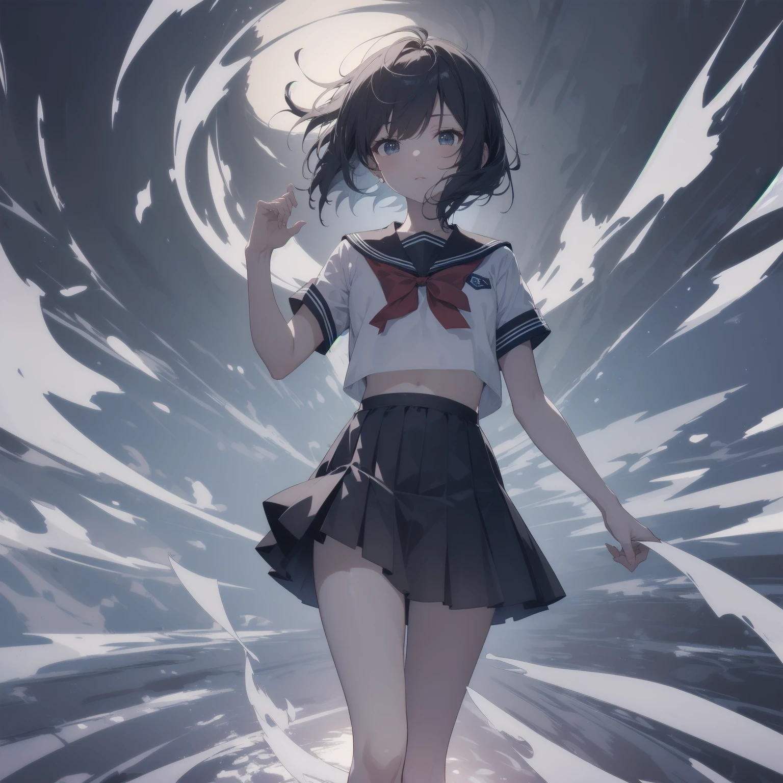 ultra-absurdres-Top quality by artist God, ultra-detailed, high resolution, anime moe artstyle, best anime 8k konachan wallpaper, pixiv contest winner, pool:2810, perfect ???????,break, 1girl, (Please draw a girl walking sleepily to school alone. )break,(Solo,little female, 13-year-old:1.3),Full limbs, complete fingers,a junior high school student, (very short hair), short cut, flat chest, , small butt, small black eyes, beautiful detailed eyes, well-proportioned iris and pupils, expressive eyes, highres detailed hair, soft expression, salor school_uniform, sailor collar, serahuku, bow, pleated skirt,(Detailed Lighting), (Detailed background), in the School commute route. break,super detailed skin, Best cinematic lighting powered by famous artist, 8k,beauty illustration,photoshop_(medium),very aesthetic,break,((artist:wa_(genryusui) )), artist:clamp ,artist:carnelian ,artist:kantoku ,