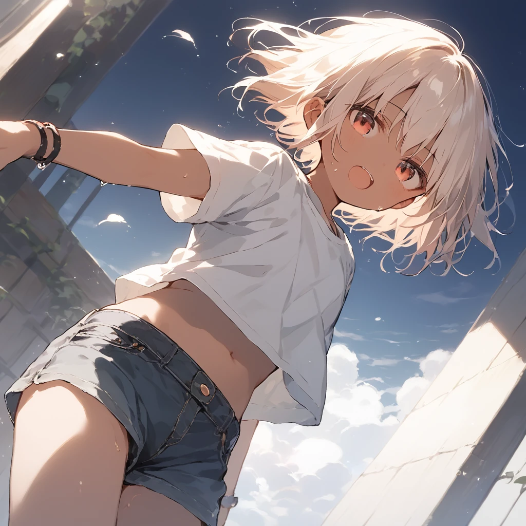 score_9, score_8_up, score_7_up, source_anime, best quality, masterpiece, official art, absurdres, highres, ultra-detailed,waifu2x,Collection: Slice of Life,break,1girl, tomboy, dark-skinned female, short hair, low ponytail, flat chest, beautiful detailed eyes, short shorts, sweat, open mouth, (yawn:0.3), sleepily, outdoors, wind, break,(clear line illustration:1.2),very high resolution, very aesthetic, super detailed skin, Best sexual lighting powered by famous artist, 8k,cute picture,beauty illustration,photoshop_(medium),,(Detailed Lighting),best anime 8k konachan wallpaper, pixiv contest winner,