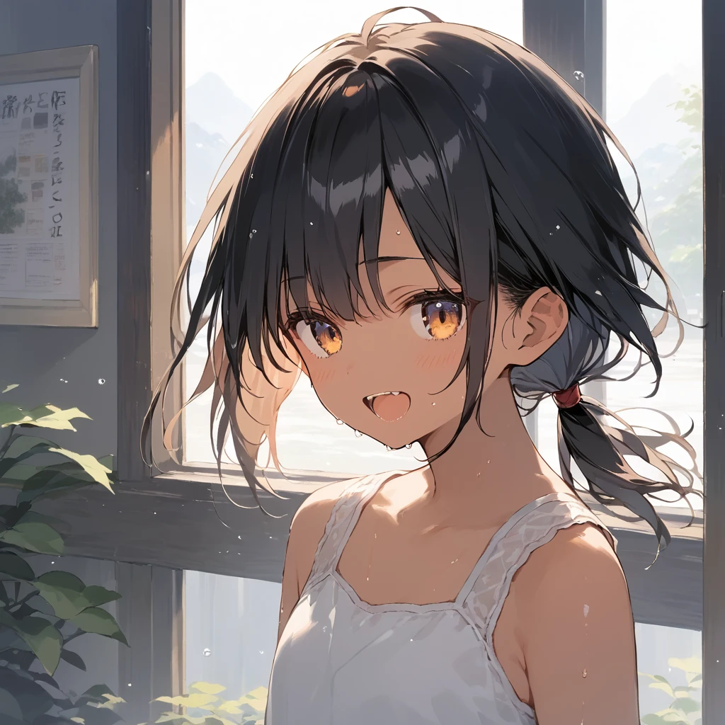 score_9, score_8_up, score_7_up, source_anime, best quality, masterpiece, official art, absurdres, highres, ultra-detailed,waifu2x,Collection: Slice of Life,break,1girl, tomboy, dark-skinned female, short hair, low ponytail, flat chest, beautiful detailed eyes, short shorts, sweat, open mouth, (yawn:0.3), sleepily, outdoors, wind, break,(clear line illustration:1.2),very high resolution, very aesthetic, super detailed skin, Best sexual lighting powered by famous artist, 8k,cute picture,beauty illustration,photoshop_(medium),,(Detailed Lighting),best anime 8k konachan wallpaper, pixiv contest winner,