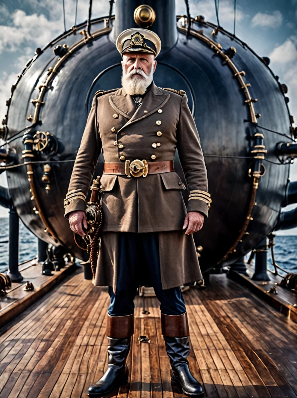 photo focus on male focus, outdoors, realistic scenery, (captain nemo:1.1), standing on the deck of his nautilus submarine, standing, hands behind his back , close-up, loaded military uniform, steampunk nautilus-style. very wide shot, character photo portrait, film, professional, 4k, highly detailed