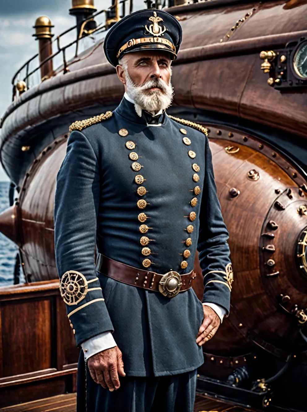 photo focus on male focus, outdoors, realistic scenery, (captain nemo:1.1),  standing on the deck of his nautilus submarine, standing, hands behind his back ,  close-up, loaded military uniform, steampunk nautilus-style. very wide shot, character photo portrait, film, professional, 4k, highly detailed